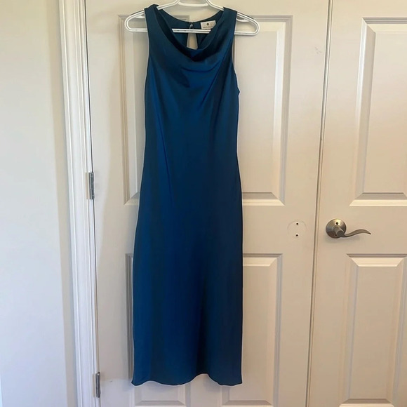 Socialite Cowl Neck Bias Cut Satin Midi Dress XS Deep Dive color - Picture 2 of 9